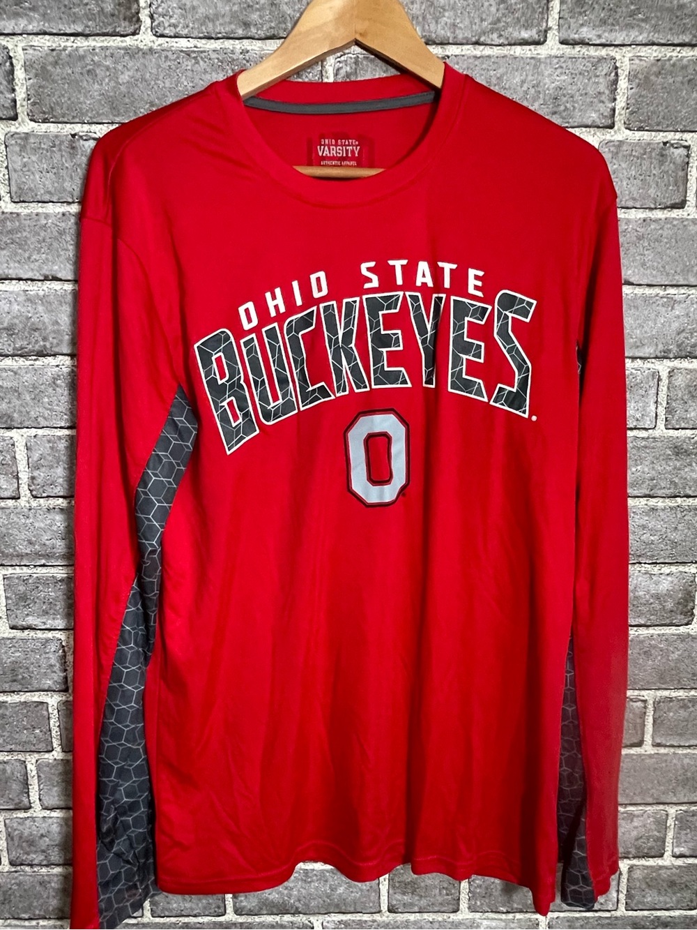 Varsity Red Long Sleeve Team Logo Tee with Gray Trim